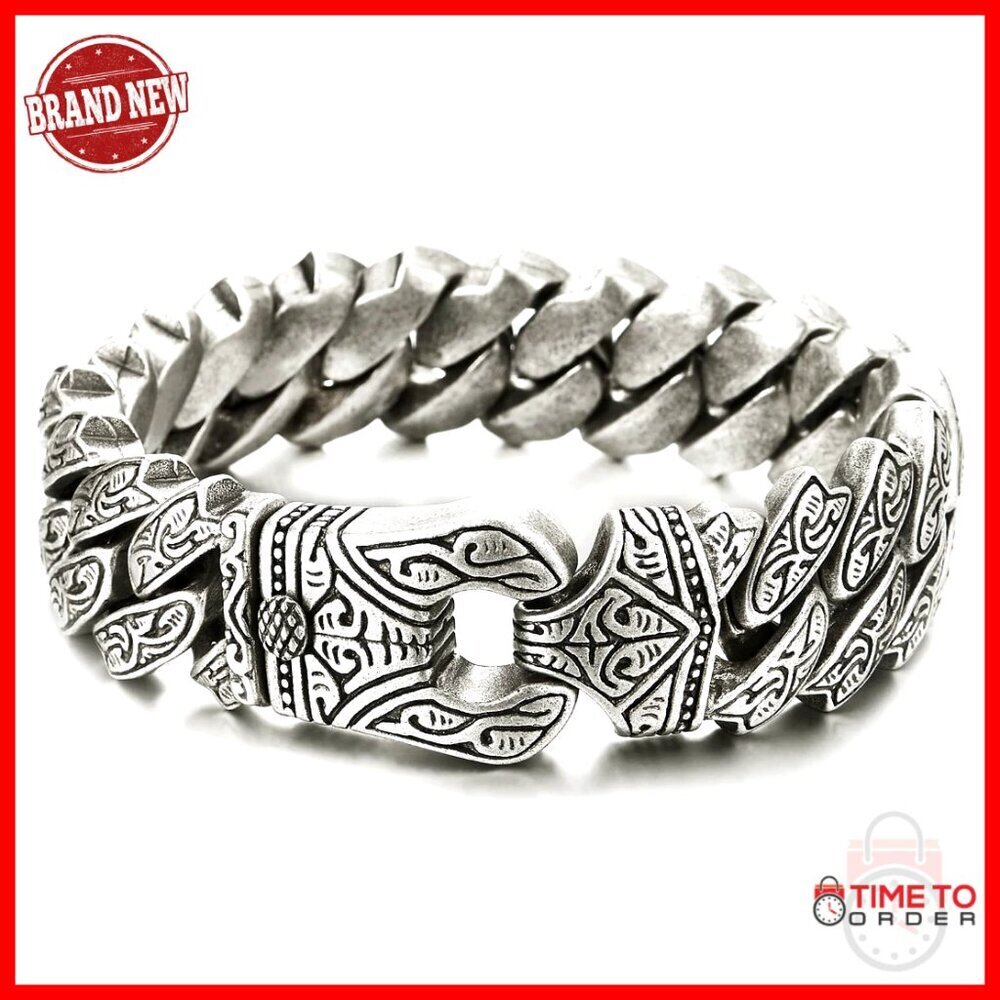 Men's Stainless Steel Curb Chain Bracelet, Tribal Tattoo Pattern, Retro Style